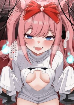 1girl absurdres agnes_digital_(umamusume) alternate_costume blue_eyes blush bow breast_cutout breasts hair_bow highres long_hair looking_at_viewer medium_breasts no_pants open_mouth pink_hair red_bow sidelocks sleeves_past_fingers sleeves_past_wrists solo sweater turtleneck turtleneck_sweater two_side_up umamusume unitnotakoyaki white_sweater