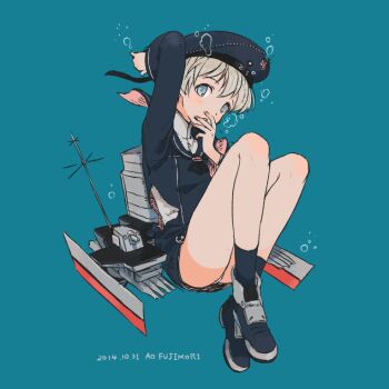 Rule 34 | 1girl, air bubble, ao fujimori, arm up, black neckerchief, blue background, blue eyes, blue hat, blue sailor collar, blue shoes, blue socks, blush, bubble, clothes writing, commentary, dated, dress, full body, grey hair, hand on own chin, hat, kantai collection, long sleeves, looking at viewer, neckerchief, panties, pantyshot, parted lips, rigging, sailor collar, sailor dress, shoes, short hair, signature, simple background, socks, solo, torn clothes, torn hat, underwear, white panties, z1 leberecht maass (kancolle)