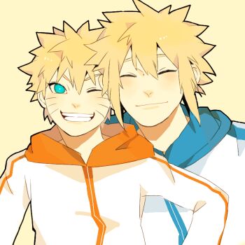 2boys blonde_hair blue_eyes chinese_commentary closed_eyes commentary_request facial_mark father_and_son grin hood hooded_jacket jacket male_focus multiple_boys namikaze_minato naruto_(classic) naruto_(series) ohnopp one_eye_closed partial_commentary smile uzumaki_naruto whisker_markings white_jacket