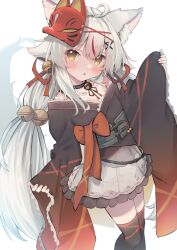 Rule 34 | 1girl, ahoge, animal ear fluff, animal ears, bell, black choker, black thighhighs, blush, bow, choker, collarbone, eip (pepai), fox ears, fox girl, fox mask, fox tail, frilled kimono, frilled skirt, frills, grey hair, hair bell, hair ornament, indie virtual youtuber, japanese clothes, jingle bell, kamiko kana, kimono, kimono skirt, looking at viewer, low twintails, mask, mask on head, multicolored hair, neck bell, orange eyes, red bow, red hair, simple background, skirt, sleeves past wrists, solo, streaked hair, tail, thick eyebrows, thighhighs, twintails, virtual youtuber, white background, white skirt, wide sleeves, x hair ornament