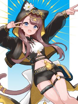 1girl :d absurdres ankh arknights arms_up aura black_jacket black_ribbon black_shorts blue_background blue_eyes blush brown_hair brown_tail double_v dr.lamina ear_piercing feet_out_of_frame flower gold hair_behind_ear head_chain highres hood hood_up hooded_jacket infection_monitor_(arknights) jacket jewelry long_hair long_sleeves navel neck_ribbon o-ring o-ring_thigh_strap open_clothes open_jacket open_mouth outstretched_arm pepe_(arknights) piercing ribbon short_shorts shorts smile solo tail tail_ornament tail_ring thigh_strap two-sided_fabric two-sided_jacket v v_over_eye white_flower yellow_jacket