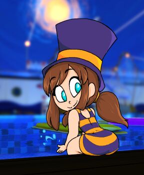 1girl a_hat_in_time ass blue_eyes blurry blurry_background brown_hair game_screenshot_background hat hat_kid hat_ribbon highres leaning_forward loli looking_back one-piece_swimsuit ponytail pool purple_hat ribbon screenshot_background sitting smile splashing striped_clothes swimsuit thattechnique top_hat water wide_hips yellow_ribbon