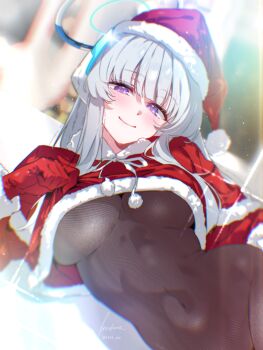 1girl alternate_costume blue_archive blunt_bangs blurry blurry_background blush bodystocking breasts brown_bodystocking capelet commentary covered_navel cropped_shirt diffraction_spikes fur-trimmed_capelet fur-trimmed_headwear fur-trimmed_shirt fur_trim gloves grey_hair halo hat headgear highres itsk_ne large_breasts looking_at_viewer lying noa_(blue_archive) on_side purple_eyes red_capelet red_gloves red_hat red_shirt santa_costume santa_hat shirt signature smile solo twitter_username underboob upper_body