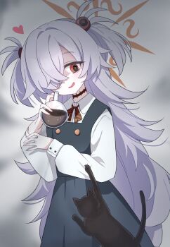 1girl black_cat blue_archive brown_eyes brown_halo cat commentary_request diagonal-striped_ribbon dress drink flask grey_background grey_hair hair_ornament hair_over_one_eye halo heart highres holding holding_drink kanoe_(blue_archive) long_hair long_sleeves looking_at_viewer parted_lips pinafore_dress round-bottom_flask sabotenirasuto shirt simple_background sleeveless sleeveless_dress smile solo two_side_up white_shirt