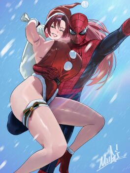 1boy 1girl alternate_breast_size_(larger) alternate_costume animal_print arm_around_waist arm_up armpits belt black_belt blue_bodysuit bodysuit breasts breath commentary full_body fur-trimmed_leotard fur_trim glint green_eyes grin half-closed_eyes hand_on_another&#039;s_waist hat high_heels highleg highleg_leotard highres holding holding_sack huge_breasts leotard lipstick long_hair looking_at_viewer makeup marvel mary_jane_watson mugi_(mugit49) multicolored_bodysuit print_bodysuit red_bodysuit red_hair red_hat red_leotard red_lips red_shoes sack santa_costume santa_hat santa_leotard shoes sideboob smile snow snowing spider-man spider-man_(series) spider_print spider_web_print sun_glare superhero_costume symbol-only_commentary thigh_strap two-tone_bodysuit