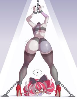 ... 1girl ass bdsm black_nails black_panties blush bondage bound bow chain colored_skin decapitation embarrassed hair_bow high_heels highres hololive hololive_indonesia kureiji_ollie multicolored_hair multicolored_skin panties sealguy solo spoken_ellipsis stitches thighhighs two-tone_skin underwear virtual_youtuber zombie