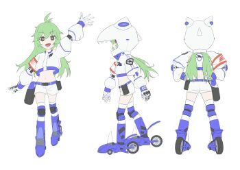 1girl ahoge arm_up belt commentary_request gloves green_hair hair_between_eyes highres hood long_hair long_sleeves midriff multiple_views navel open_mouth original puffy_sleeves sharp_teeth shorts simple_background teeth tokaki wheel white_gloves white_shorts