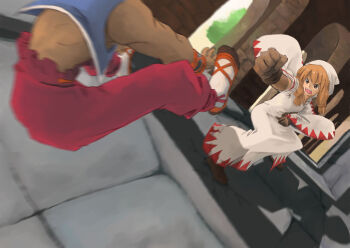 Rule 34 | 1boy, 1girl, angry, battle, blonde hair, dress, dutch angle, final fantasy, final fantasy tactics, foreshortening, gloves, ground shatter, hood, knife, martial arts, monk, monk (fft), motion blur, punching, reverse grip, shadow, shouting, twintails, white mage, white mage (fft), white mage (final fantasy), yellow eyes, yunsuku