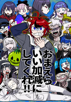 6+boys 6+girls ahoge amemiya_darumi aotsuki_eito bad_food black_bow black_collar black_gloves black_hair black_hairband black_jacket black_sailor_collar black_shirt black_streaks blonde_hair blue_eyes blue_hair blue_hat blue_jacket bow braid brown_hair cape choker collar collarbone commentary_request dark-skinned_female dark_skin double_bun dougi earrings everyone eye_print eyepatch face_piercing facial_mark fingerless_gloves flask foaming_at_the_mouth furukawa_(yomawari) gakuran ginzaki_shouma glasses gloves green_hat grey_eyes grey_hair grey_jacket grey_kimono grin hair_bow hair_bun hairband hat head_rest heart heart_facial_mark highres holding holding_flask holding_plate holding_spoon hood hoodie jacket jacket_over_hoodie japanese_clothes jewelry kawana_tsubasa kimono kirifuji_nozomi labret_piercing long_hair lying magadori_kyoshika makeup maruko_gaku masked mojiro_moko multicolored_hair multicolored_jacket multiple_boys multiple_girls necklace omokage_yugamu on_side oosuzuki_kurara open_clothes open_jacket open_mouth piercing pink_eyes pink_hair plate ponytail print_eyepatch purple_hair red_cape red_choker red_eyes red_hair red_jacket red_serafuku rice runny_makeup safety_pin sailor_collar school_uniform serafuku shirt shizuhara_hiruko short_hair smile spoon streaked_hair sumino_takumi sunglasses sweatdrop the_hundred_line_-last_defense_academy- translation_request tsukumo_ima tsukumo_kako twin_braids twintails two-tone_jacket white_hair white_hoodie white_jacket white_shirt yakushiji_takemaru yellow_shirt