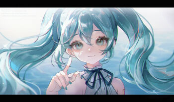 1girl absurdres bare_shoulders black_ribbon blue_eyes blue_hair blue_nails chinese_commentary closed_mouth commentary_request double-parted_bangs hair_between_eyes hand_up hatsune_miku highres letterboxed long_hair looking_at_viewer memory_mie nail_polish neck_ribbon portrait ribbon shirt sleeveless sleeveless_shirt smile solo twintails vocaloid watermark white_shirt