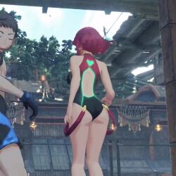 1boy 1girl 3d animated ass bouncing_breasts breasts competition_swimsuit from_behind bad_tag large_breasts legs lowres one-piece_swimsuit pyra_(xenoblade) red_eyes red_hair rex_(xenoblade) short_hair sideboob sound swimsuit tagme thighs video xenoblade_chronicles_(series) xenoblade_chronicles_2