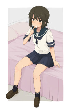1girl ankle_socks bed_sheet black_socks blue_neckerchief blue_skirt blush border brown_eyes brown_hair brown_shoes commentary_request green_sailor_collar hair_between_eyes indoors kantai_collection kugui_kiyunemu loafers looking_at_viewer medium_hair miniskirt miyuki_(kancolle) neckerchief on_bed open_mouth outside_border pillow pleated_skirt sailor_collar shadow shirt shoes short_sleeves sitting skirt smile socks solo teeth white_border white_shirt
