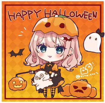 Rule 34 | 1girl, :d, animal, apron, argyle background, argyle clothes, argyle pantyhose, bat (animal), bat hair ornament, bird, black apron, blue eyes, blush, brown hair, chibi, chicken, commentary request, dress, full body, ghost, gradient background, hair ornament, halloween, happy halloween, holding, jack-o'-lantern, looking at viewer, open mouth, orange dress, original, puffy short sleeves, puffy sleeves, pumpkin hat, rino cnc, short sleeves, smile, solo, standing, stitches, twitter username