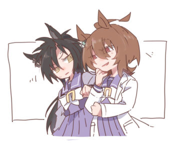 2girls agnes_tachyon_(umamusume) ahoge air_shakur_(umamusume) animal_ears beer_hsk black_hair bow brown_eyes brown_hair hair_between_eyes horse_ears lab_coat long_sleeves looking_at_viewer motion_lines multiple_girls open_clothes parted_lips pleated_skirt purple_shirt purple_skirt school_uniform shirt skirt smile tracen_school_uniform umamusume white_background white_bow