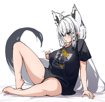 1girl ahoge animal_ears barefoot black_shirt blue_eyes braid breasts covered_erect_nipples eru_(l_illust45) fox_ears fox_tail highres hololive large_breasts long_hair nipple_stimulation nipple_tweak nipple_tweak_through_clothes shirakami_fubuki shirakami_fubuki_(loungewear) shirt side_braid sitting tail virtual_youtuber white_hair