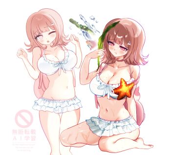 1girl animal_bag bare_shoulders barefoot bikini blush breasts brown_hair cat_bag cleavage collarbone da15uki danganronpa_(series) danganronpa_2:_goodbye_despair flipped_hair hashtag-only_commentary highres large_breasts looking_at_viewer medium_hair multiple_views nanami_chiaki navel open_mouth pink_bag pink_eyes simple_background starfish stomach swimsuit watermark white_background white_bikini