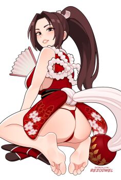Rule 34 | 1girl, ass, barefoot, blush, brown eyes, brown hair, fatal fury, feet, folding fan, hand fan, high ponytail, highres, long hair, looking at viewer, panties, parted lips, ponytail, rezodwel, shiranui mai, snk, socks, soles, toes, traced, underwear, unworn socks