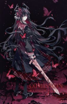 1girl absurdres artist_request black_background black_capelet black_hair black_horns black_shirt black_shoes black_skirt bug butterfly capelet chinese_commentary closed_mouth commentary_request commission corruption dark_persona extra_eyes flower from_behind full_body hair_flower hair_ornament highres holding holding_sword holding_weapon horns insect light_particles loafers long_hair long_sleeves looking_back mahou_shoujo_no_majo_saiban nikaido_hiro pleated_skirt red_butterfly red_eyes red_flower second-party_source shirt shoes skirt snake_hair solo spoilers standing sword very_long_hair weapon