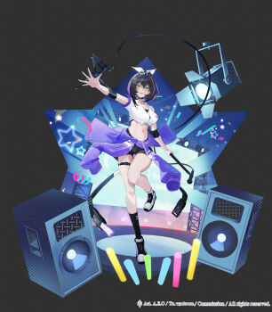 1girl absurdres al_ryude armband belt black_choker black_hair black_shorts black_socks breasts button_gap choker clothes_around_waist collared_shirt commentary commission crop_top dress_shirt english_commentary front-tie_top hair_ribbon highres jacket jacket_around_waist large_breasts looking_at_viewer midriff multicolored_hair navel open_mouth original outstretched_arm purple_jacket ribbon shirt shoes short_hair short_shorts short_sleeves shorts smile socks solo speaker stage_lights stomach streaked_hair thigh_belt thigh_strap thighs white_shirt yellow_eyes