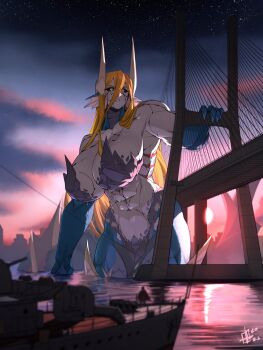 1girl abs absurdres battleship biceps blue_scales bridge cracked_skin fingernails giant giantess gills grey_scales highres horns long_hair military_vehicle monster_girl multiple_horns muscular muscular_female ocean okasbasement orange_hair original sharp_fingernails ship size_difference skolas slit_pupils spines sunset warship watercraft