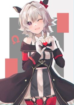 1girl animal_ears bare_shoulders blush bow breasts coat commentary_request curren_chan_(fille_eclair)_(umamusume) curren_chan_(umamusume) dress ear_bow ear_covers gloves grey_hair hair_between_eyes heart heart_hands highres horse_ears horse_girl horse_tail horseshoe long_sleeves looking_at_viewer off-shoulder_coat off-shoulder_dress off-shoulder_jacket off_shoulder one_eye_closed open_mouth purple_eyes red_bow red_thighhighs shipapome short_hair smile solo striped_clothes striped_dress tail thighhighs umamusume vertical-striped_clothes vertical-striped_dress white_gloves