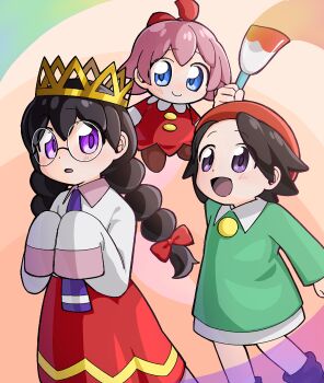 3girls adeleine beret blue_eyes bow crown fairy fairy_wings hair_bow hat highres holding holding_paintbrush kirby_(series) kirby_64 long_skirt multiple_girls nintendo open_mouth paintbrush pink_hair purple_eyes red_bow red_hat ribbon_(kirby) rimoncherro ripple_star_queen skirt sleeves_past_fingers sleeves_past_wrists smile smock wings