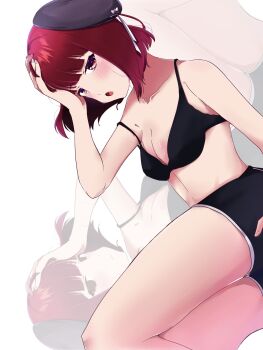 1girl arima_kana beret black_bra black_hat black_shorts blush bra breasts hat highres medium_breasts medium_hair multiple_views open_mouth oshi_no_ko red_eyes red_hair risdelusions short_hair shorts underwear zoom_layer