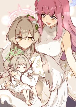 3girls :d angel_wings baby blonde_hair blue_archive blush braid breasts carrying carrying_baby carrying_person crown_braid crying dress family feathered_wings frilled_dress frills hair_intakes halo happy highres holding holding_scroll ideolo if_they_mated long_hair long_sleeves medium_breasts mika_(blue_archive) miyo_(blue_archive) mother_and_daughter multiple_girls nagisa_(blue_archive) open_mouth pink_hair scroll sleeveless sleeveless_dress smile translation_request white_dress white_wings wife_and_wife wings yellow_eyes yuri