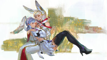 animal_ears blue_eyes blunt_bangs braid breasts cat_ears chest_jewel crown_braid curly_hair daible facial_mark grey_hair head_wings high_heels highres long_sleeves medium_breasts melia_antiqua nia_(xenoblade) puffy_sleeves short_hair small_breasts smile thighhighs wings xenoblade_chronicles:_future_connected xenoblade_chronicles_(series) xenoblade_chronicles_1 xenoblade_chronicles_2 xenoblade_chronicles_3 yellow_eyes