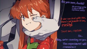 1girl aseiusx commentary english_commentary grabbing_another&#039;s_face head_grab long_hair looking_at_viewer mass_production_eva mecha_pilot_suit neon_genesis_evangelion one_eye_closed open_mouth orange_hair plugsuit_(evangelion) souryuu_asuka_langley speech_bubble teeth twintails very_long_hair