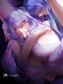 2girls acheron_(boundless_choreo)_(honkai:_star_rail) acheron_(honkai:_star_rail) black_background black_swan_(boundless_choreo)_(honkai:_star_rail) black_swan_(honkai:_star_rail) blush breasts cleavage dress gloves hair_between_eyes hashtag-only_commentary highres honkai:_star_rail honkai_(series) large_breasts long_hair multiple_girls nyeppu official_alternate_costume purple_background purple_hair sleeveless very_long_hair watermark yellow_eyes yuri