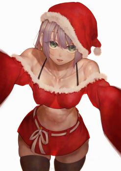 1girl black_thighhighs breasts collarbone commentary_request cowboy_shot crop_top earrings fur-trimmed_shirt fur_trim green_eyes hat highres inaba_makoto jewelry koushinchou_no_kouhai_to_teishinchou_no_senpai_ga_renai_ni_hatten_suru_made long_sleeves looking_at_viewer medium_breasts midriff off-shoulder_shirt off_shoulder oohara_misaki_(koushinchou_no_kouhai_to_teishinchou_no_senpai_ga_renai_ni_hatten_suru_made) open_mouth purple_hair reaching reaching_towards_viewer red_hat red_shirt red_skirt santa_costume santa_hat shirt short_hair simple_background skirt smile solo thighhighs white_background