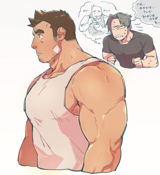 Rule 34 | 2boys, absurdres, ace attorney, bandaid, bandaid on face, bara, biceps, black shirt, brown hair, closed mouth, dick gumshoe, grey hair, highres, looking at another, looking to the side, male focus, miles edgeworth, multiple boys, muscular, muscular male, shirt, speech bubble, tank top, translation request, white background, white tank top, yowasabimechaoc