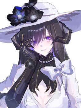 1girl aw_aw0104 black_collar black_hair bow claws collar constance_(honkai:_star_rail) demon_girl demon_horns dress flower gold_trim hand_on_own_face hat hat_flower honkai:_star_rail honkai_(series) horns jewelry light_smile mole mole_under_eye necklace pearl_necklace purple_eyes white_background white_dress white_hat