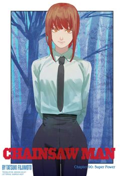 Rule 34 | black necktie, black pants, braid, braided ponytail, breasts, business suit, chainsaw man, formal clothes, fujimoto tatsuki, high-waist pants, highres, long hair, long sleeves, looking at viewer, makima (chainsaw man), medium breasts, medium hair, necktie, non-web source, office lady, official art, pants, red hair, ringed eyes, shirt, simple background, smile, solo, suit, white shirt, yellow eyes