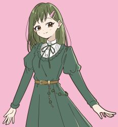 Rule 34 | 1girl, belt, blush, brown belt, brown eyes, closed mouth, commentary request, dress, frilled dress, frills, green dress, green ribbon, highres, link! like! love live!, llkapital, long hair, long sleeves, looking at viewer, love live!, neck ribbon, oogami sachi, puffy long sleeves, puffy sleeves, ribbon, shirt, smile, solo, upper body, white shirt