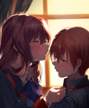 Rule 34 | 1boy, 1girl, a-chan (little busters!), absurdres, backlighting, black jacket, blue bow, blue eyes, blush, bow, brown eyes, brown hair, collared shirt, commentary request, couple, embarrassed, eyelashes, from side, hair between eyes, hair over shoulder, half-closed eyes, hetero, highres, imminent kiss, indoors, jacket, light particles, little busters!, little busters! school uniform, long hair, long sleeves, looking at another, miiizuno lbs, natsume kyousuke, parted lips, profile, puckered lips, school uniform, shirt, short hair, sidelocks, sunset, sweat, upper body, v-shaped eyebrows, white shirt, window