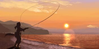 1girl commentary_request fishing fishing_rod fusou_(fuso0205) highres holding holding_fishing_rod horse_girl horse_tail king_halo_(umamusume) ocean solo sunset tail umamusume