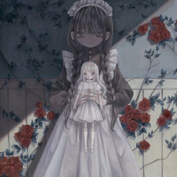 2girls absurdres apron black_dress black_hair braid buttons commentary_request doll doll_joints dress flower highres holding holding_doll indoors joints light_smile long_hair long_sleeves maid maid_apron maid_headdress monou_pico multiple_girls original red_flower red_rose rose twin_braids white_apron white_dress white_hair