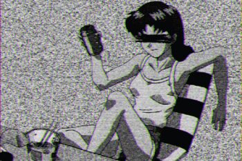 1girl animated animated_gif beer_can can drink_can female_focus katsuragi_misato lowres monochrome neon_genesis_evangelion static tagme