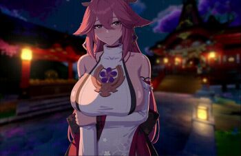 1girl animated animated_gif arm_under_breasts bare_shoulders blush breasts crossed_bangs detached_sleeves earrings floppy_ears genshin_impact gold_earrings hair_between_eyes hand_on_own_chest hand_up huge_breasts japanese_clothes jewelry large_breasts long_hair miko non-web_source nontraditional_miko one_eye_closed pink_hair shirt shy sidelocks sleeveless sleeveless_turtleneck smile turtleneck white_shirt wide_sleeves yae_miko