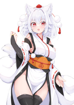 1girl animal_ears black_thighhighs blush breasts commentary_request cowboy_shot detached_sleeves hair_between_eyes hands_up hat inubashiri_momiji japanese_clothes kimono long_sleeves looking_at_viewer medium_breasts obi obijime open_mouth pom_pom_(clothes) red_eyes rururiaru sash short_hair simple_background solo tail thighhighs tokin_hat touhou white_background white_hair wide_sleeves wolf_ears wolf_girl wolf_tail