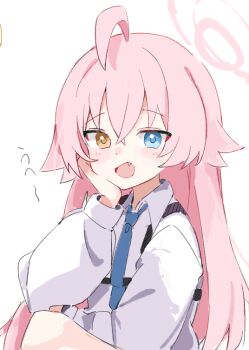 1girl :d ahoge blue_archive blue_eyes blue_necktie blush fang hair_between_eyes halo heterochromia hoshino_(blue_archive) huge_ahoge long_hair necktie open_mouth pink_hair pink_halo shirt simple_background skin_fang smile solo upper_body white_background white_shirt yellow_eyes youbi_(0ver_sd)