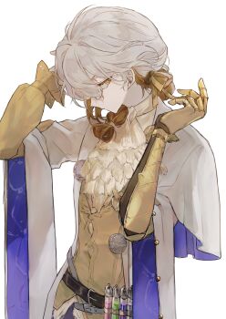 1other ascot belt brown_belt brown_hair coat commentary gauntlets grey_hair hands_up highres karako_(red-tea) looking_at_viewer medicine_pocket multicolored_hair official_alternate_costume profile reverse:1999 shirt short_hair single_gauntlet solo symbol-only_commentary test_tube two-tone_hair upper_body white_ascot white_background white_coat wide_sleeves yellow_eyes yellow_shirt