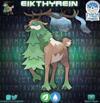 antlers artist_name blue_eyes brown_fur character_name deer fakemon green_fur horns instagram_logo instagram_username logo mykel_ryan nintendo no_humans original pokemon pokemon_(creature) reindeer runes solo twitter_logo twitter_username two-tone_fur youtube_logo youtube_username