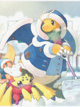 Rule 34 | animal focus, blue cardigan, blue coat, blue eyes, blue scarf, blush, breath, bug, cardigan, character snowman, claws, clothed pokemon, coat, commentary request, dragon, dragonite, extra eyes, fish, galvantula, gen 1 pokemon, gen 5 pokemon, green scarf, highres, holding, holding shovel, hood, hood up, hooded coat, jacket, knhb tail, long sleeves, nintendo, no humans, pokemon, pokemon (creature), pokemon focus, red scarf, scarf, shovel, snow, snow shovel, snowball, spider, tail, tatsugiri, tatsugiri (curly), wings, yellow fur