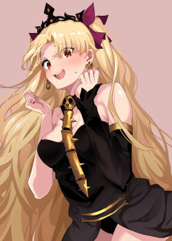 1girl absurdres bare_shoulders black_dress black_panties blonde_hair blush bone_ornament breasts cleavage detached_sleeves dress earrings ereshkigal_(fate) fate/grand_order fate_(series) flustered hair_ribbon highres jewelry long_hair looking_at_viewer medium_breasts panties red_eyes red_ribbon ribbon single_detached_sleeve skull_ornament sweat tanuki_(siutkm0228) tiara two_side_up underwear
