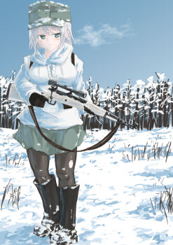 1girl bad_id bad_pixiv_id black_pantyhose bolt_action boots breath dakku_(ogitsune) female_focus gebirgsjager gun gun_sling karabiner_98k mauser_98 military military_uniform pantyhose rifle scope short_hair skirt sniper sniper_rifle snow solo torn_clothes torn_pantyhose weapon wehrmacht white_hair