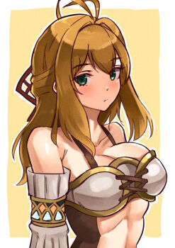 1girl absurdres antenna_hair bare_shoulders blonde_hair border breasts cleavage closed_mouth collarbone commentary_request detached_sleeves fiora_(xenoblade) green_eyes highres large_breasts long_hair looking_at_viewer outside_border solo upper_body white_border white_sleeves xenoblade_chronicles_(series) xenoblade_chronicles_1 yellow_background yotsuha_uni