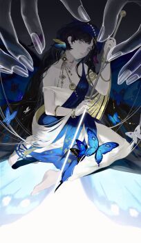 1girl absurdres bare_shoulders barefoot black_hair blue_dress blue_veil commentary_request dark_background dress evening_gown full_body highres insect_pin isolde_(reverse:1999) isolde_(the_last_fluttering_beat)_(reverse:1999) long_hair official_alternate_costume oversized_object parted_lips purple_eyes reverse:1999 shenqi_a_hao sitting sleeveless sleeveless_dress solo two-tone_dress veil very_long_hair white_dress yokozuwari